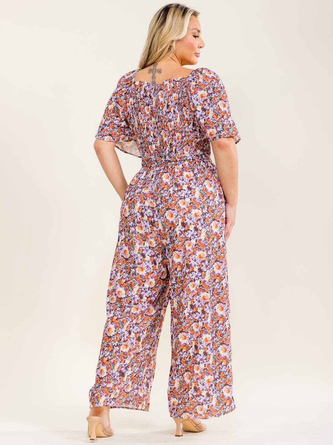 PLUS SIZE SHORT SLEEVE ELASTIC WAIST FLORAL PRINT WIDE LEG JUMPSUIT