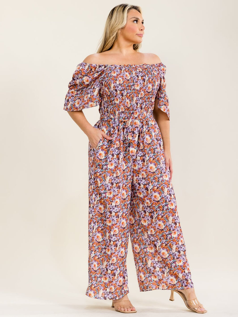 PLUS SIZE SHORT SLEEVE ELASTIC WAIST FLORAL PRINT WIDE LEG JUMPSUIT