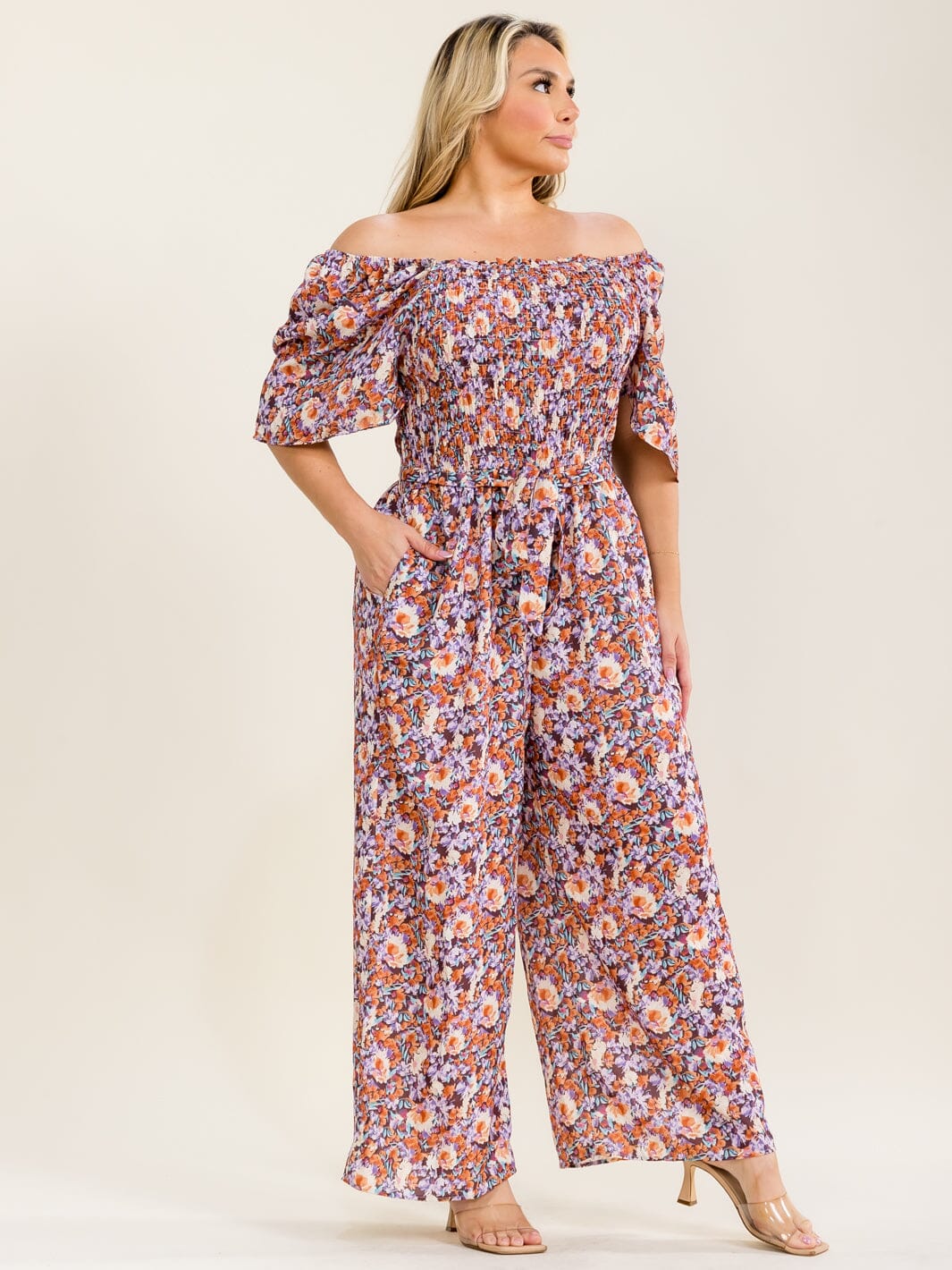 PLUS SIZE SHORT SLEEVE ELASTIC WAIST FLORAL PRINT WIDE LEG JUMPSUIT