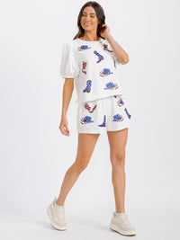 WOMEN'S SHORT SLEEVE TOP & ELASTIC WAIST MINI SHORT GRAPHIC 2PC. SET