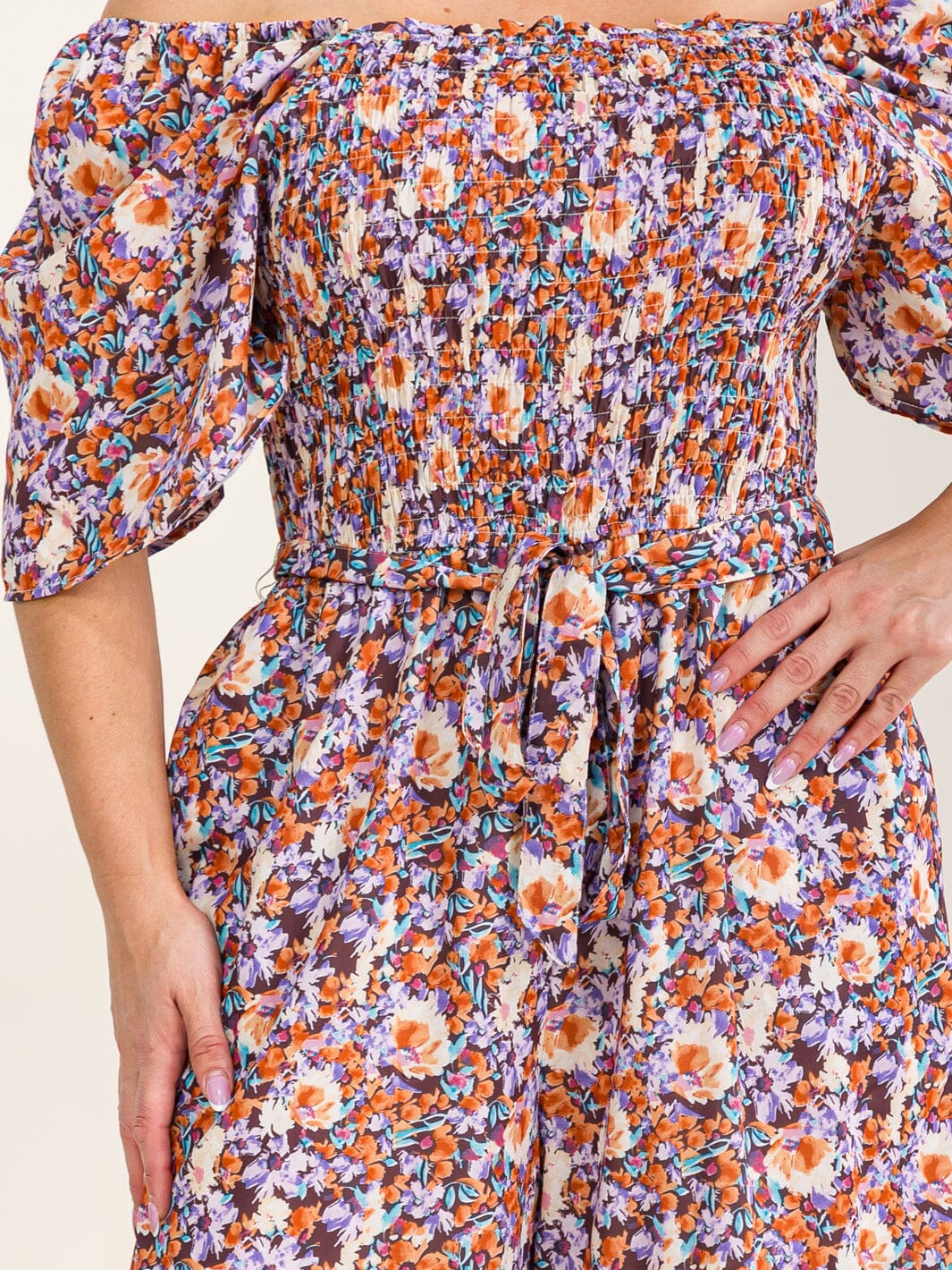 PLUS SIZE SHORT SLEEVE ELASTIC WAIST FLORAL PRINT WIDE LEG JUMPSUIT