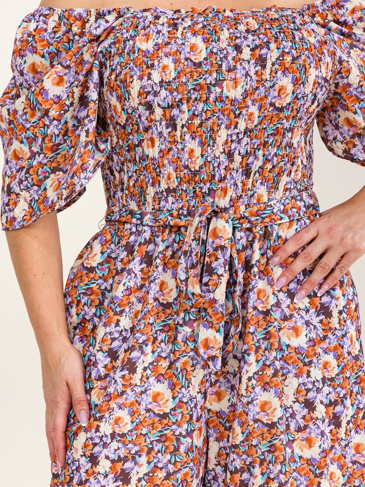 PLUS SIZE SHORT SLEEVE ELASTIC WAIST FLORAL PRINT WIDE LEG JUMPSUIT