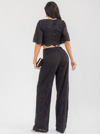 WOMEN'S SHORT SLEEVE CROP TOP & ZIP UP WIDE LEG PANTS CROCHET 2PC. SET