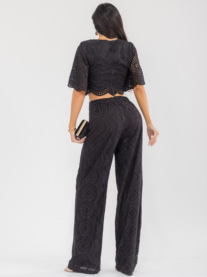 WOMEN'S SHORT SLEEVE CROP TOP & ZIP UP WIDE LEG PANTS CROCHET 2PC. SET