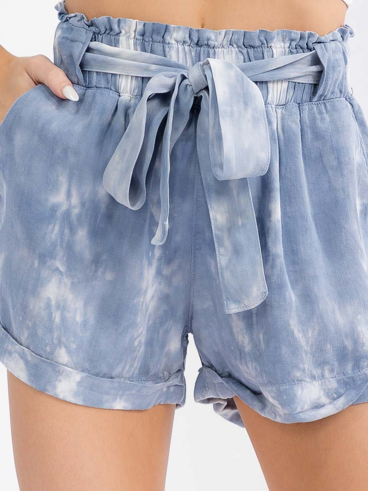 WOMEN'S ELASTIC WAIST SELF TIE FRONT POCKETS TIE DYE MINI SHORTS