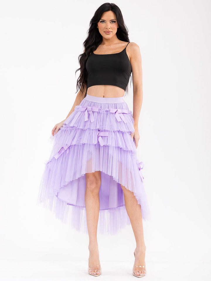WOMEN'S ELASTIC WAIST TIERED RUFFLE HIGH-LOW BOWS MAXI SKIRT