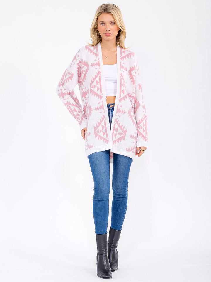 WOMEN'S LONG SLEEVE OPEN FRONT COLORBLOCK PRINT KNIT CARDIGAN