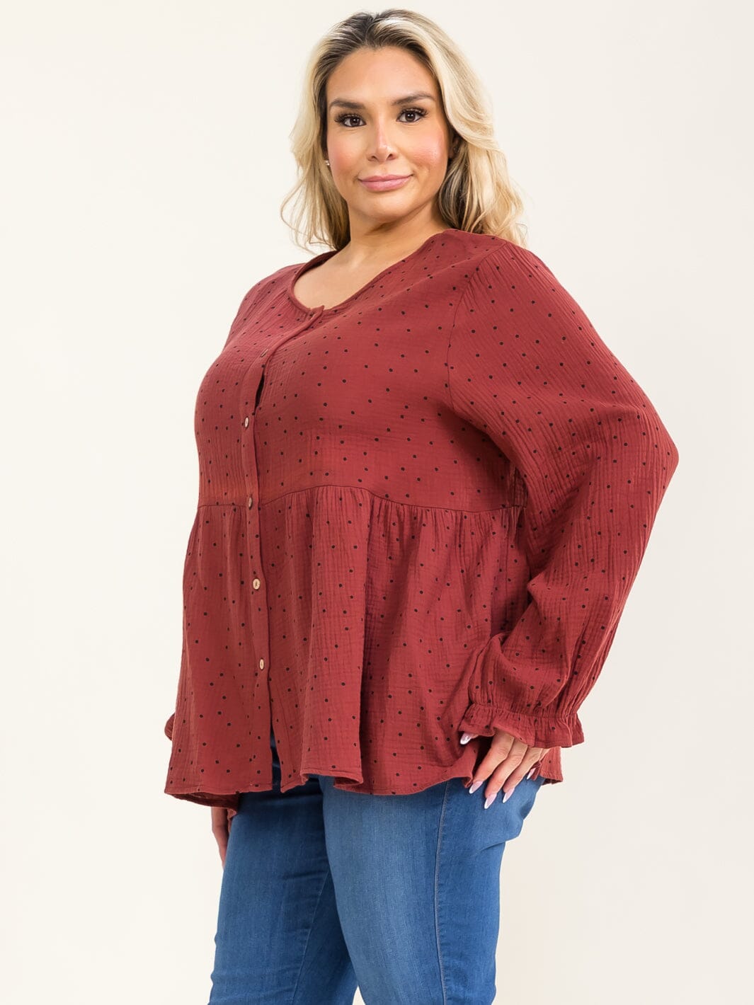 PLUS SIZE LONG SLEEVE BUTTON UP POLKA DOT PRINT LOOSE FIT TOP
