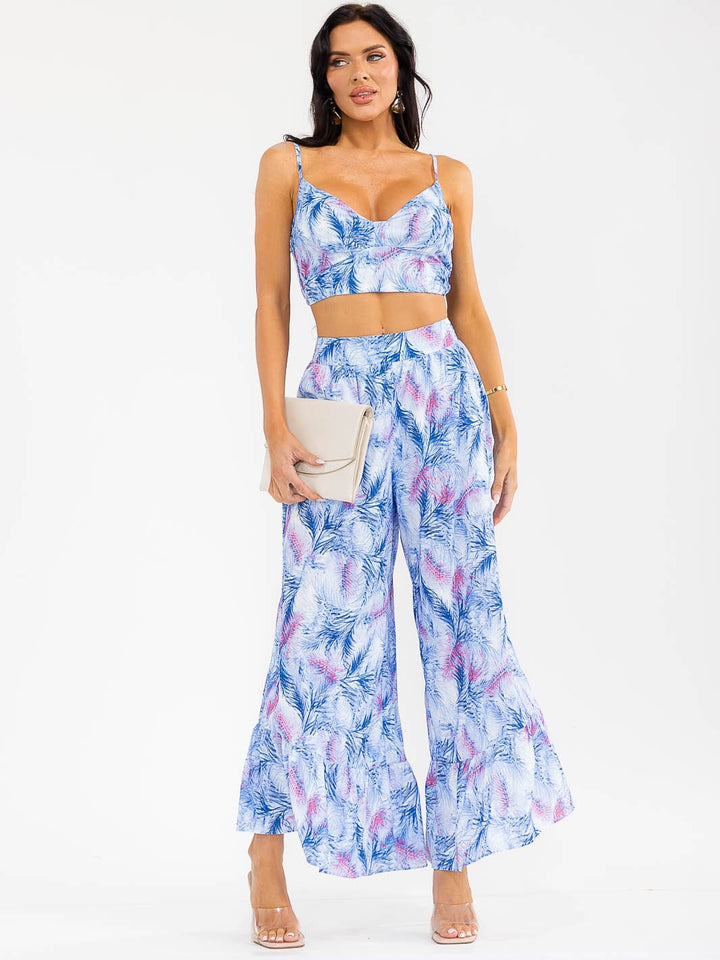 WOMEN'S SLEEVELESS SMOCK CROP TOP & ZIP UPWIDE LEG PANTS FLORAL 2PC. SET