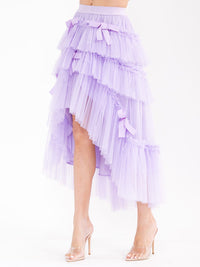 WOMEN'S ELASTIC WAIST TIERED RUFFLE HIGH-LOW BOWS MAXI SKIRT