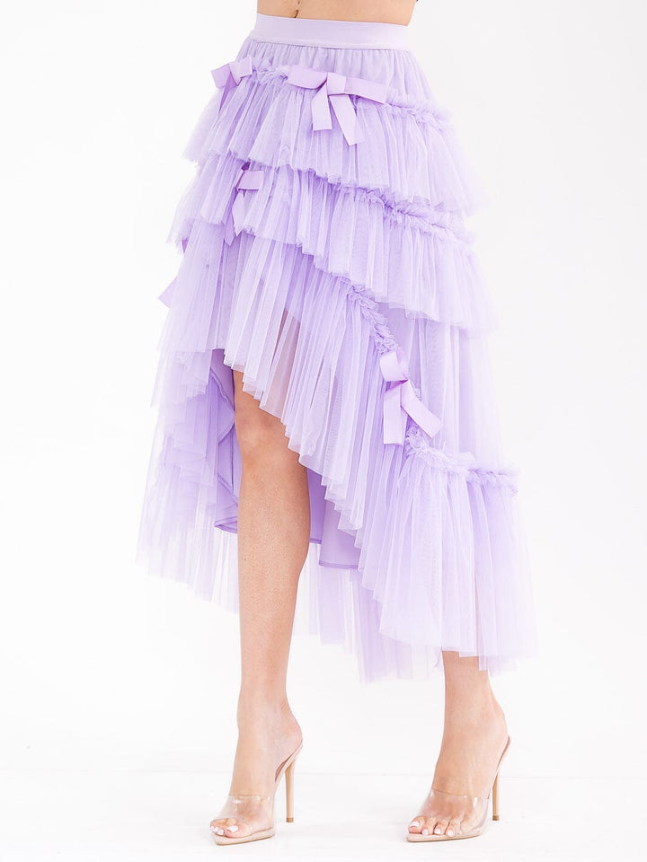 WOMEN'S ELASTIC WAIST TIERED RUFFLE HIGH-LOW BOWS MAXI SKIRT