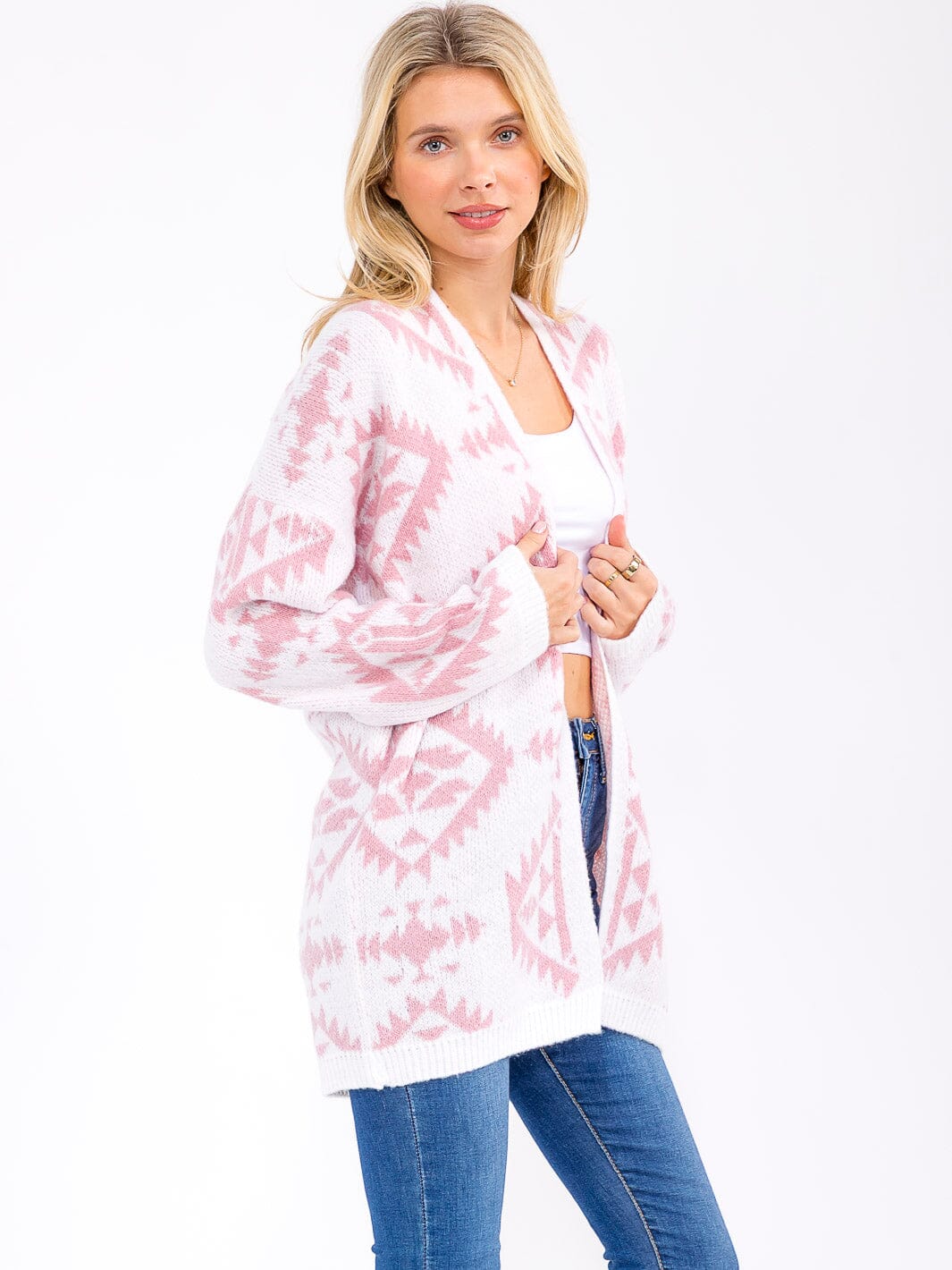 WOMEN'S LONG SLEEVE OPEN FRONT COLORBLOCK PRINT KNIT CARDIGAN