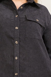 PLUS SIZE LONG SLEEVE BUTTON UP FRONT POCKETS CORDUROY SHACKET