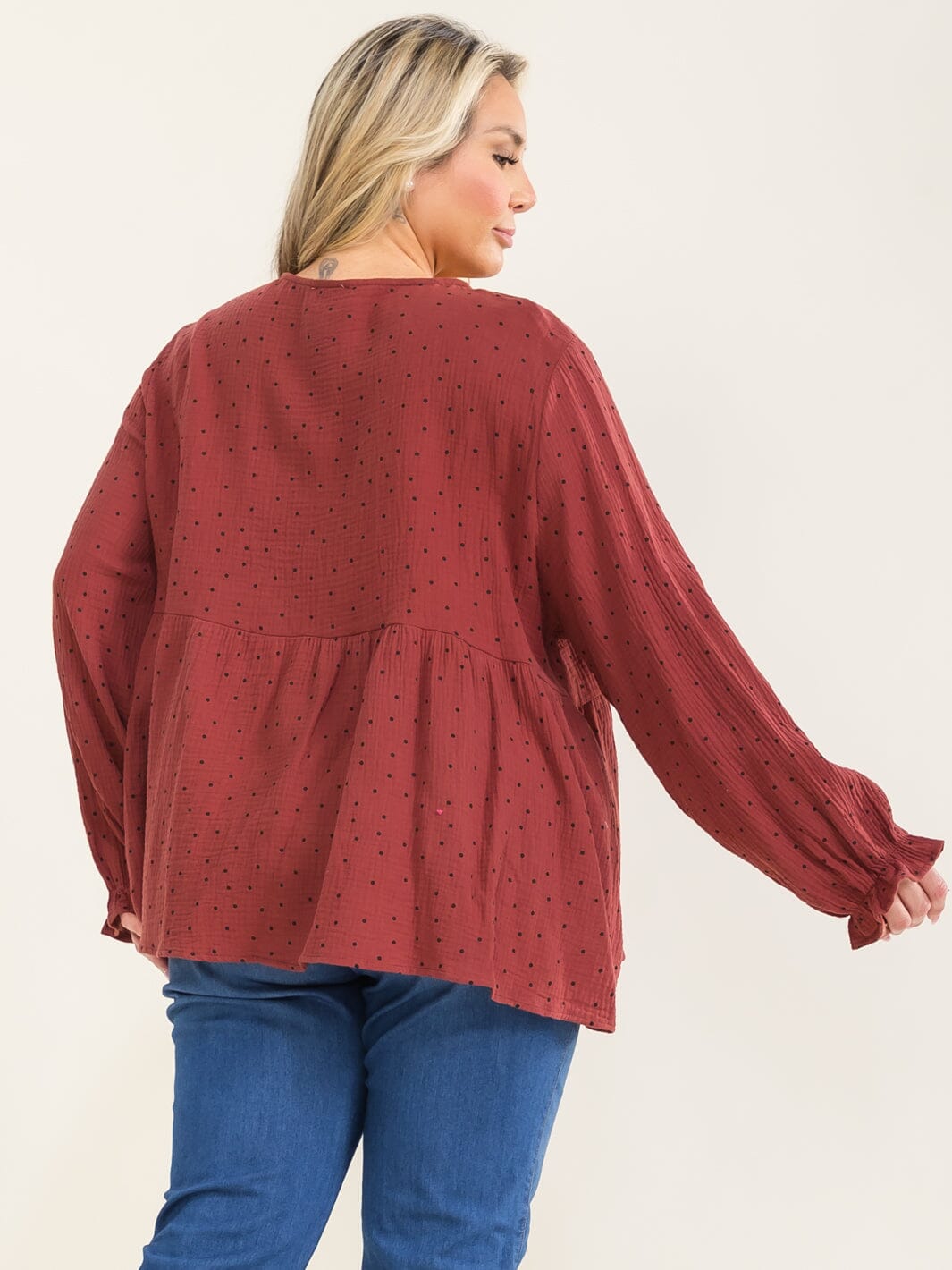 PLUS SIZE LONG SLEEVE BUTTON UP POLKA DOT PRINT LOOSE FIT TOP