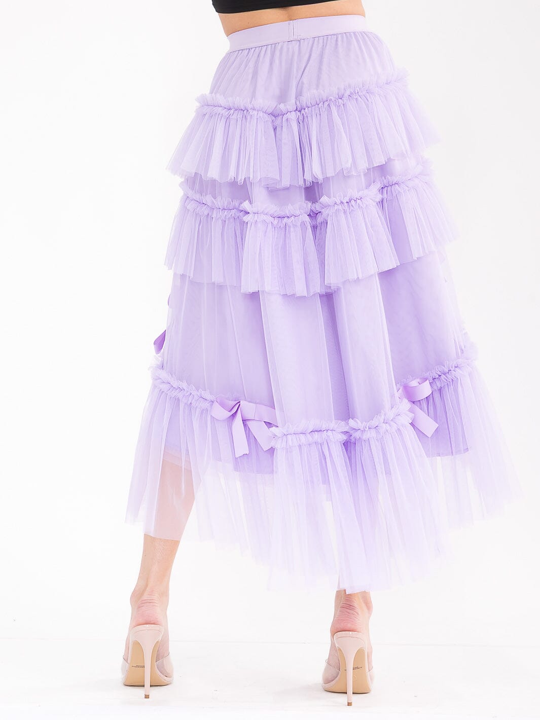 WOMEN'S ELASTIC WAIST TIERED RUFFLE HIGH-LOW BOWS MAXI SKIRT