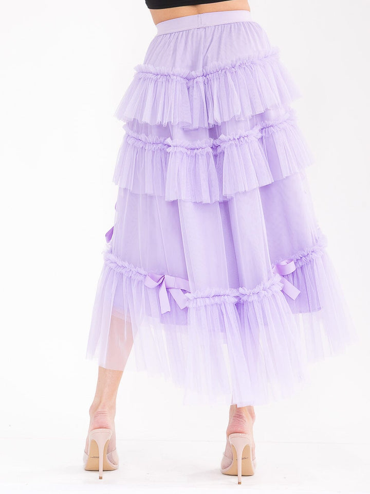 WOMEN'S ELASTIC WAIST TIERED RUFFLE HIGH-LOW BOWS MAXI SKIRT