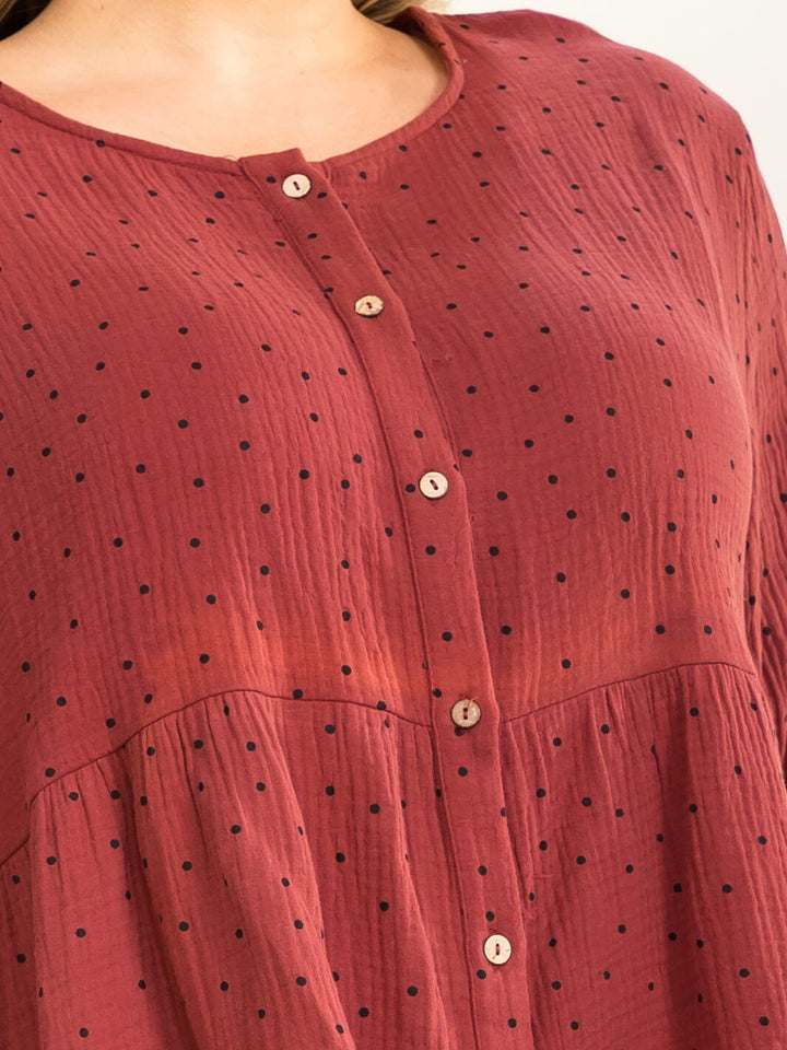 PLUS SIZE LONG SLEEVE BUTTON UP POLKA DOT PRINT LOOSE FIT TOP