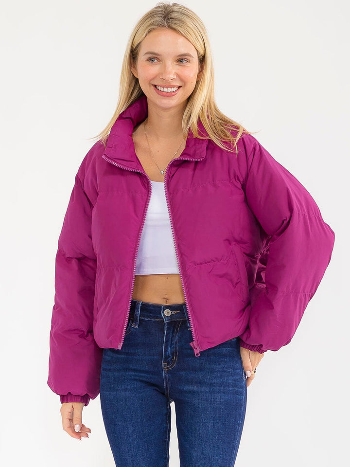 WOMEN'S LONG SLEEVE BUTTON CLOSURE FRONT POCKETS PUFFER JACKET