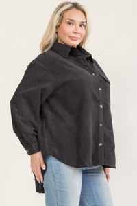 PLUS SIZE LONG SLEEVE BUTTON UP FRONT POCKETS CORDUROY SHACKET