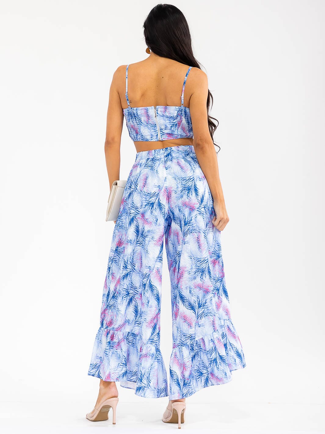 WOMEN'S SLEEVELESS SMOCK CROP TOP & ZIP UPWIDE LEG PANTS FLORAL 2PC. SET