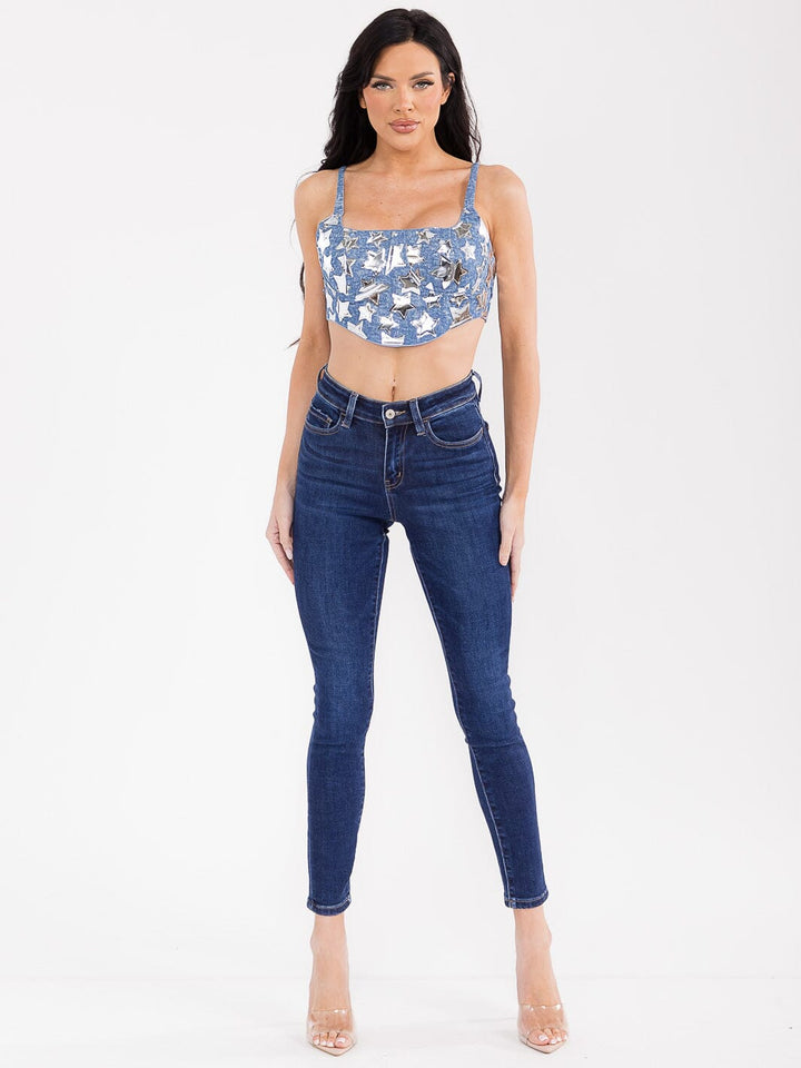 WOMEN'S SLEEVELESS STARS PRINT CROP TOP