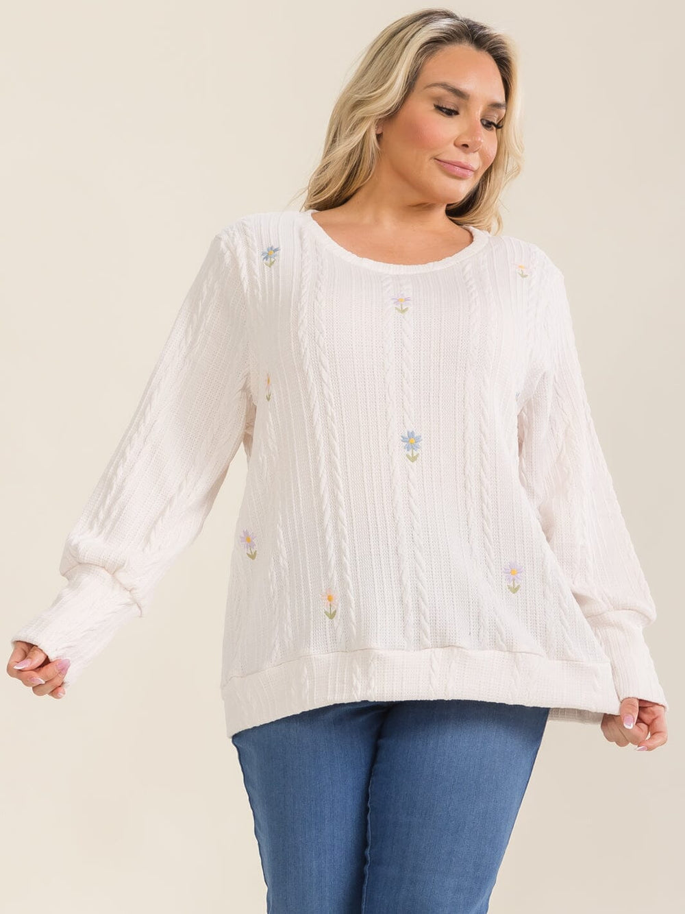 PLUS SIZE LONG SLEEVE EMBROIDERY FLORAL PULLOVER SWEATER