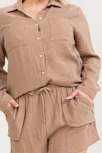 PLUS SIZE LONG SLEEVE BUTTON UP TOP & ELASTIC WAIST MINI SHORTS 2PC. SET