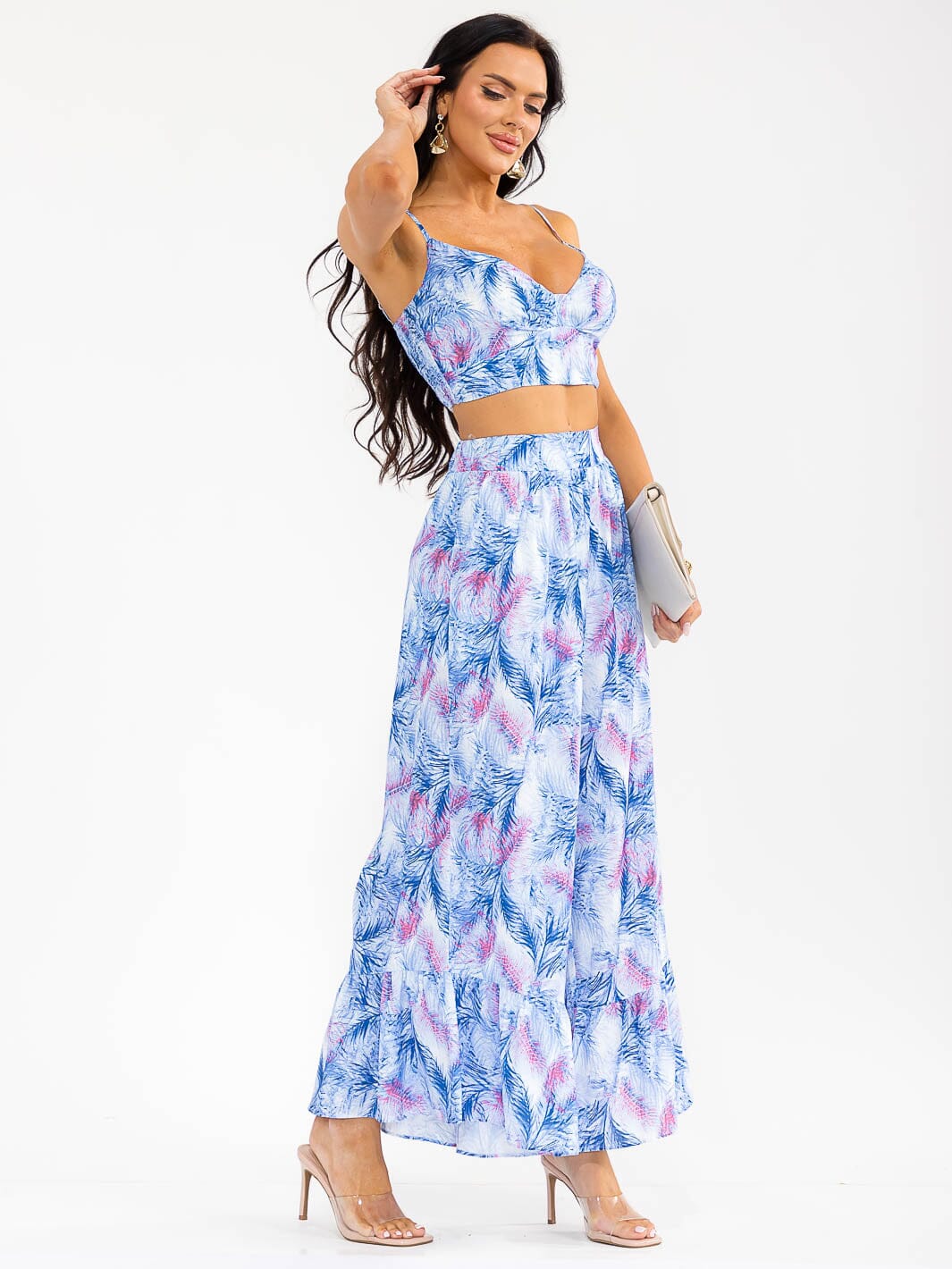 WOMEN'S SLEEVELESS SMOCK CROP TOP & ZIP UPWIDE LEG PANTS FLORAL 2PC. SET