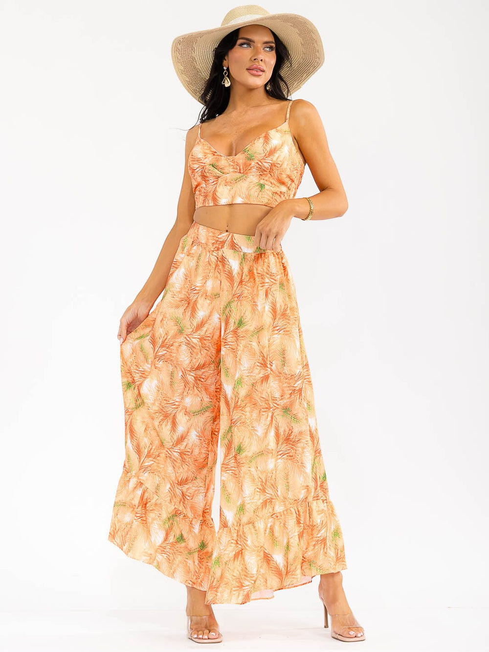 WOMEN'S SLEEVELESS SMOCK CROP TOP & ZIP UPWIDE LEG PANTS FLORAL 2PC. SET