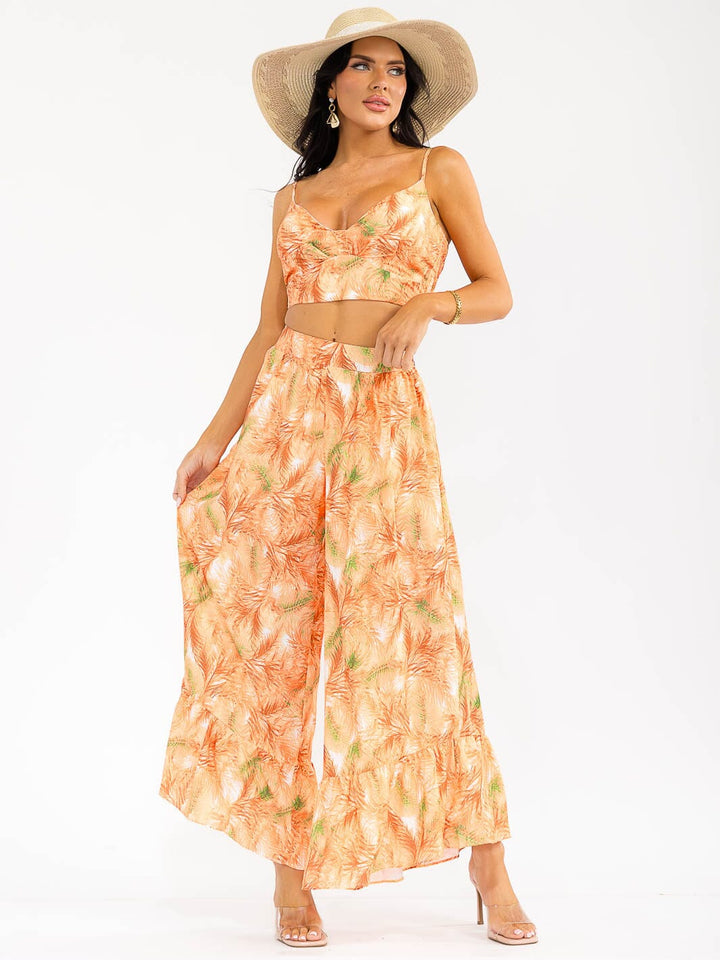 WOMEN'S SLEEVELESS SMOCK CROP TOP & ZIP UPWIDE LEG PANTS FLORAL 2PC. SET