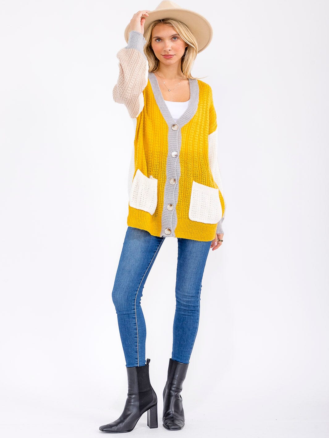 WOMEN'S LONG SLEEVE BUTTON CLOSURE FRONT POCKETS COLORBLOCK KNITTED CARDIGAN