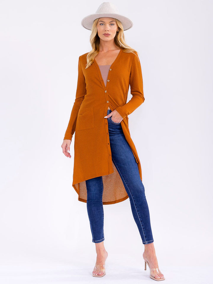 WOMEN'S LONG SLEEVE BUTTON UP FRONT POCKETS HIGH-LOW CARDIGAN