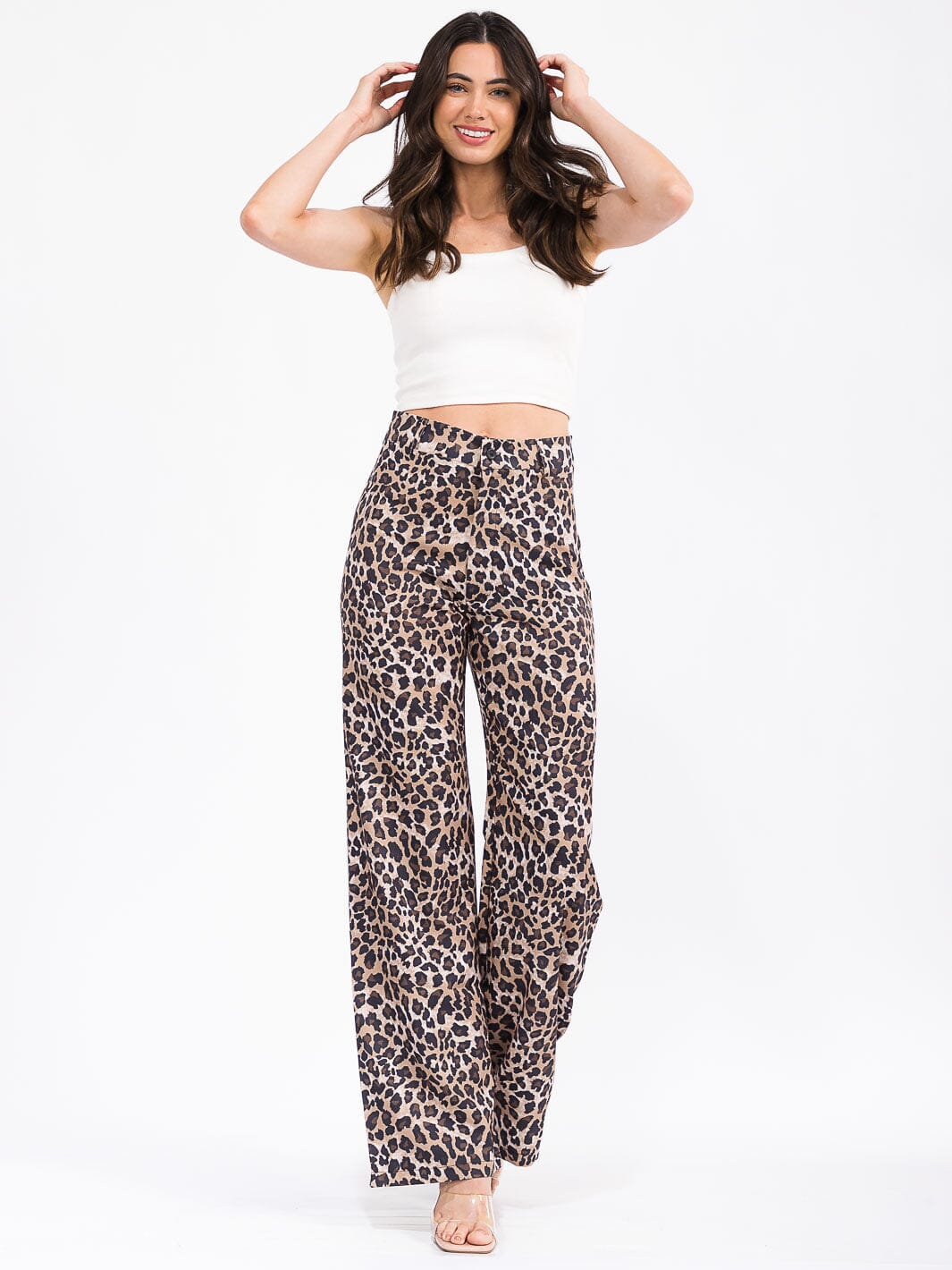 WOMEN'S BUTTON CLOSURE BACK POCKETS WIDE LEG ANIMAL PRINT PANTS
