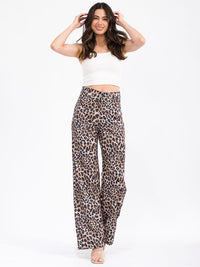 WOMEN'S BUTTON CLOSURE BACK POCKETS WIDE LEG ANIMAL PRINT PANTS
