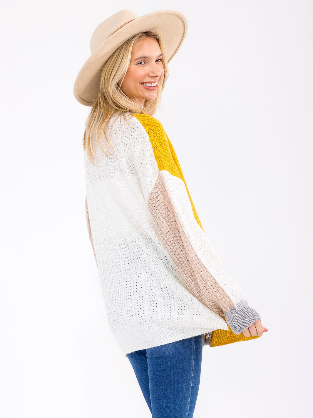 WOMEN'S LONG SLEEVE BUTTON CLOSURE FRONT POCKETS COLORBLOCK KNITTED CARDIGAN