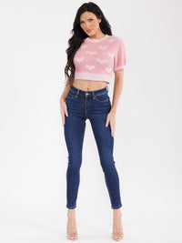 WOMEN'S SHORT SLEEVE HEART PRINT CROP TOP