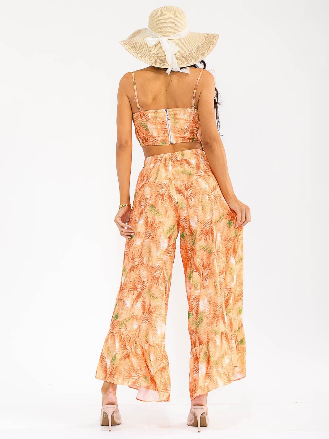 WOMEN'S SLEEVELESS SMOCK CROP TOP & ZIP UPWIDE LEG PANTS FLORAL 2PC. SET