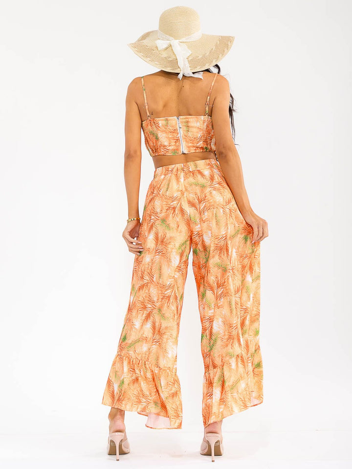 WOMEN'S SLEEVELESS SMOCK CROP TOP & ZIP UPWIDE LEG PANTS FLORAL 2PC. SET