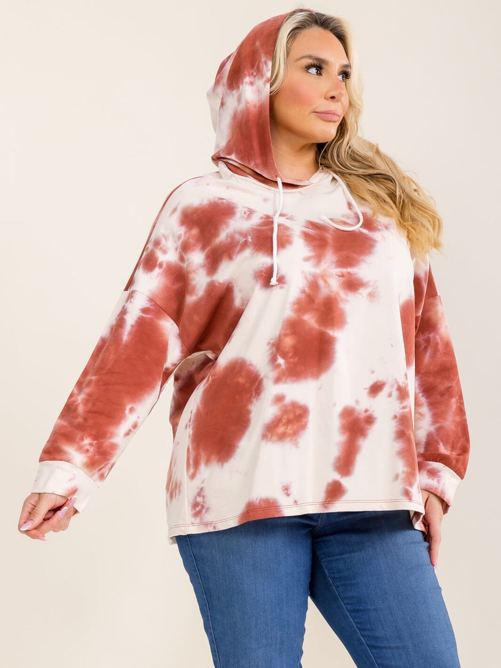 PLUS SIZE LONG SLEEVE TIE DYE PULLOVER HOODED SWEATER