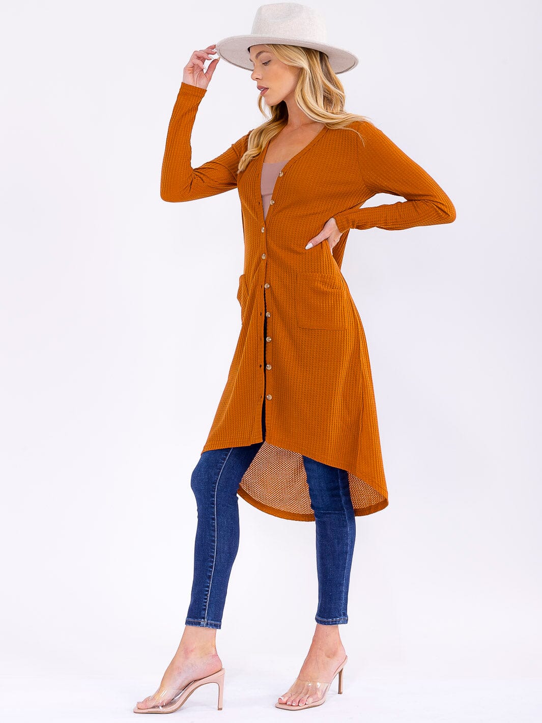WOMEN'S LONG SLEEVE BUTTON UP FRONT POCKETS HIGH-LOW CARDIGAN