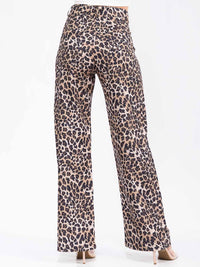 WOMEN'S BUTTON CLOSURE BACK POCKETS WIDE LEG ANIMAL PRINT PANTS