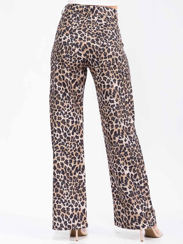 WOMEN'S BUTTON CLOSURE BACK POCKETS WIDE LEG ANIMAL PRINT PANTS