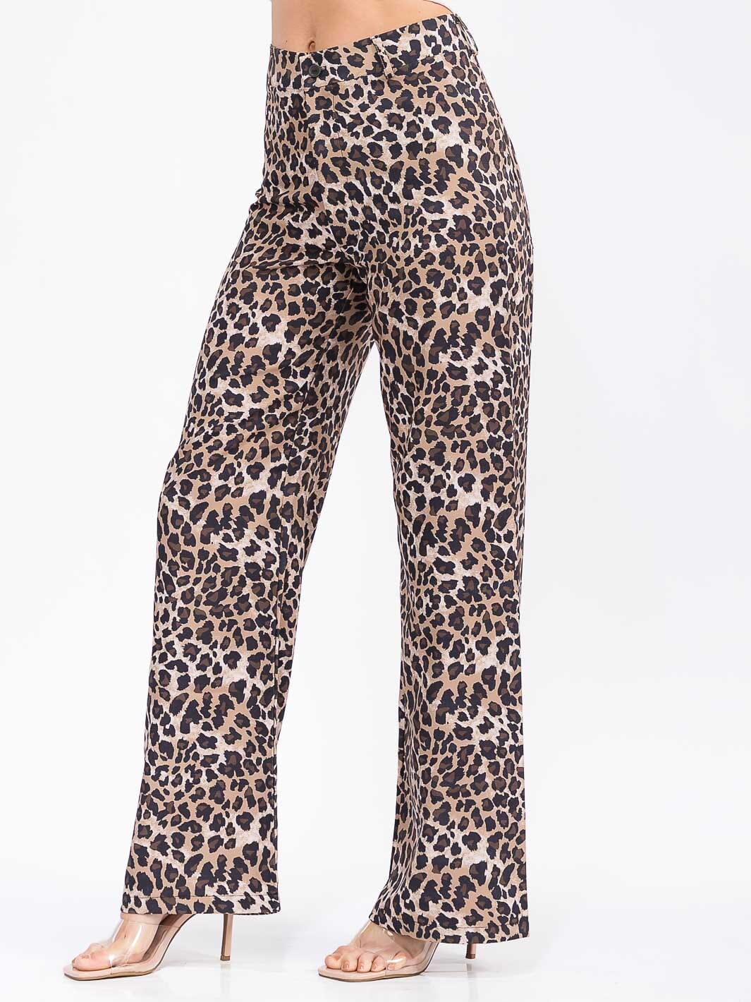 WOMEN'S BUTTON CLOSURE BACK POCKETS WIDE LEG ANIMAL PRINT PANTS