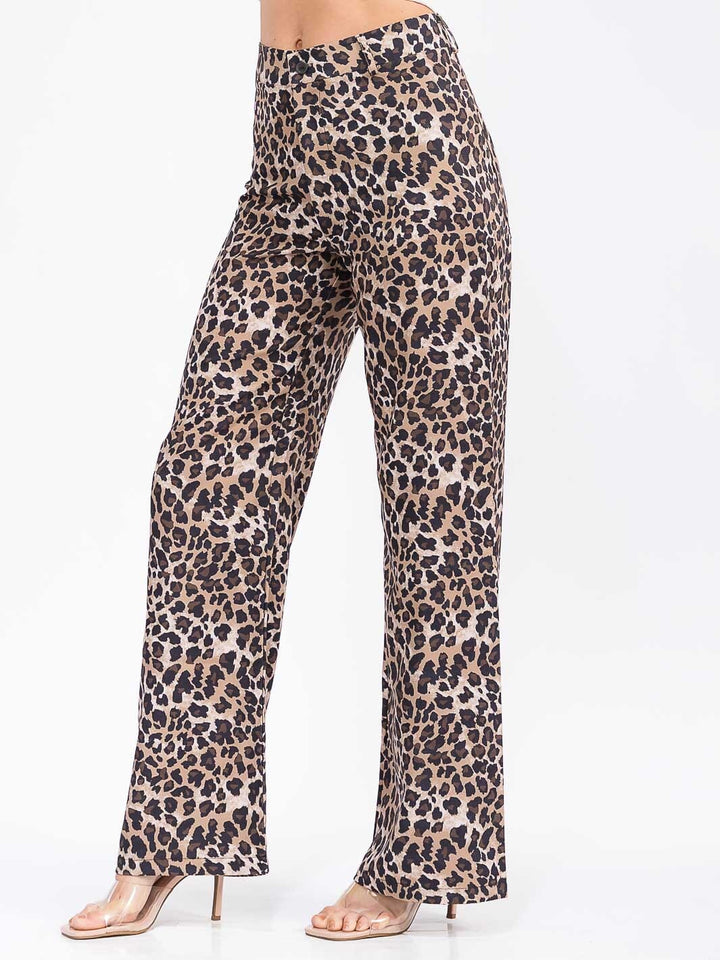 WOMEN'S BUTTON CLOSURE BACK POCKETS WIDE LEG ANIMAL PRINT PANTS