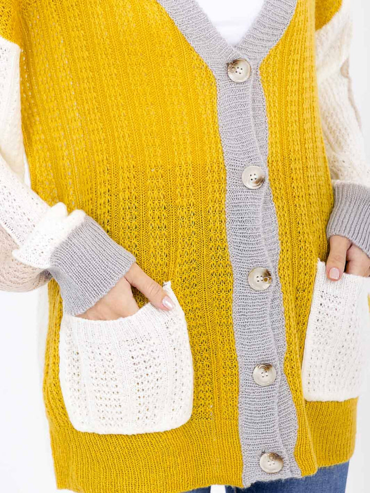 WOMEN'S LONG SLEEVE BUTTON CLOSURE FRONT POCKETS COLORBLOCK KNITTED CARDIGAN