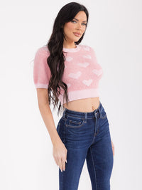 WOMEN'S SHORT SLEEVE HEART PRINT CROP TOP