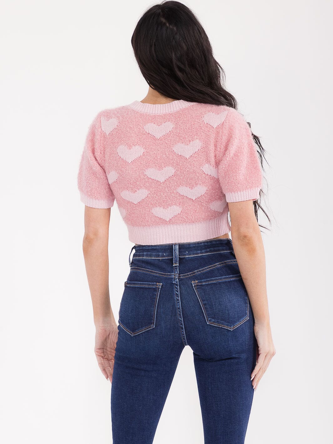 WOMEN'S SHORT SLEEVE HEART PRINT CROP TOP