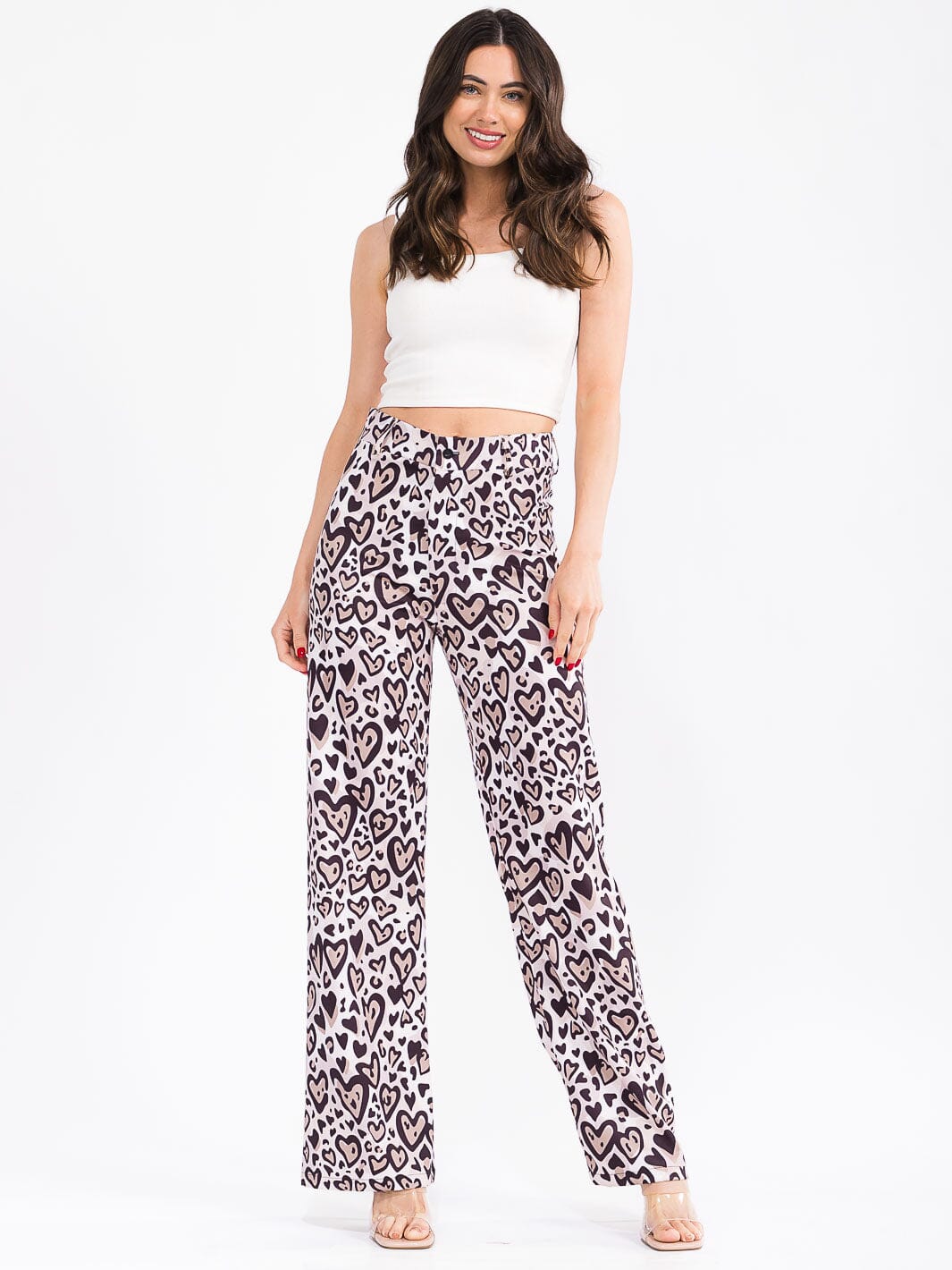 WOMEN'S BUTTON CLOSURE BACK POCKETS WIDE LEG HEARTS ANIMAL PRINT PANTS
