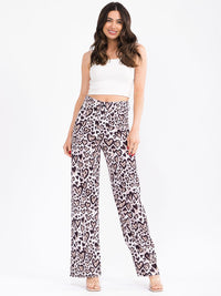 WOMEN'S BUTTON CLOSURE BACK POCKETS WIDE LEG HEARTS ANIMAL PRINT PANTS