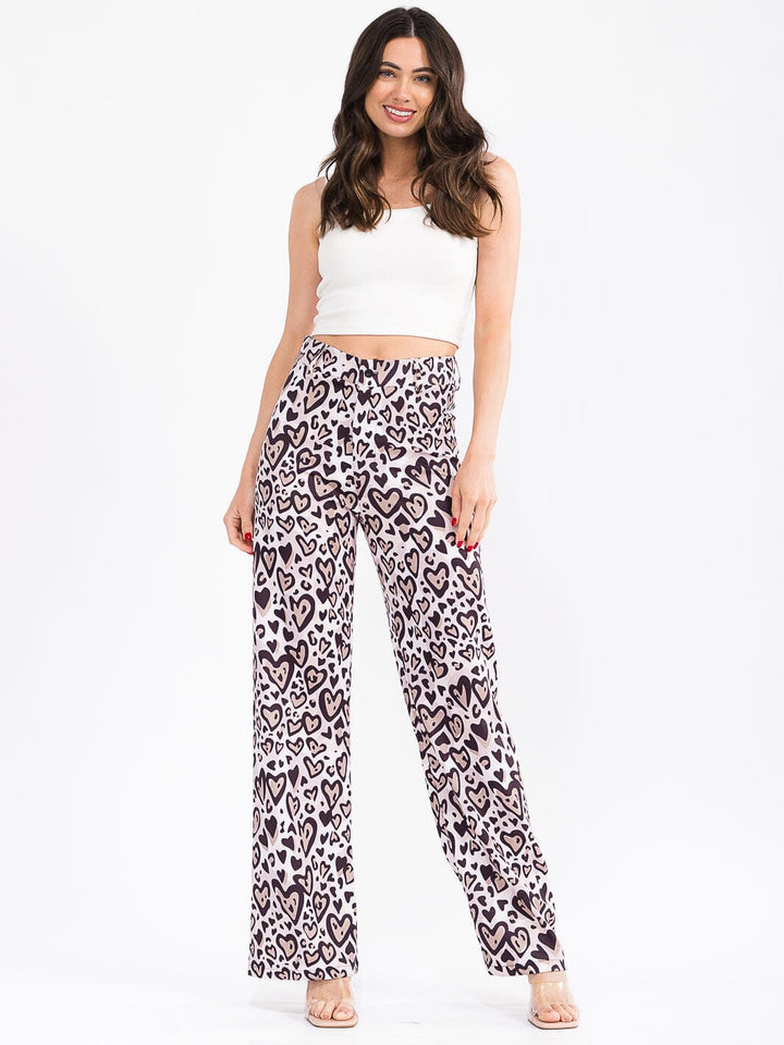 WOMEN'S BUTTON CLOSURE BACK POCKETS WIDE LEG HEARTS ANIMAL PRINT PANTS